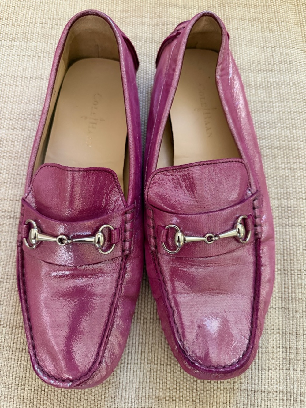 Cole Haan metallic pink leather driving mocc/loafer silver-tone horsebit 7.5